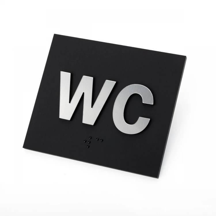 WC - tabliczka z pismem Braille'a - akryl czarny mat i laminat srebrny - wym. 80x70mm - TAB489