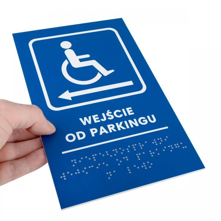 Wejście od parkingu - tabliczka z pismem Braille - wym. 140x225mm - PCW twarde - TAB478