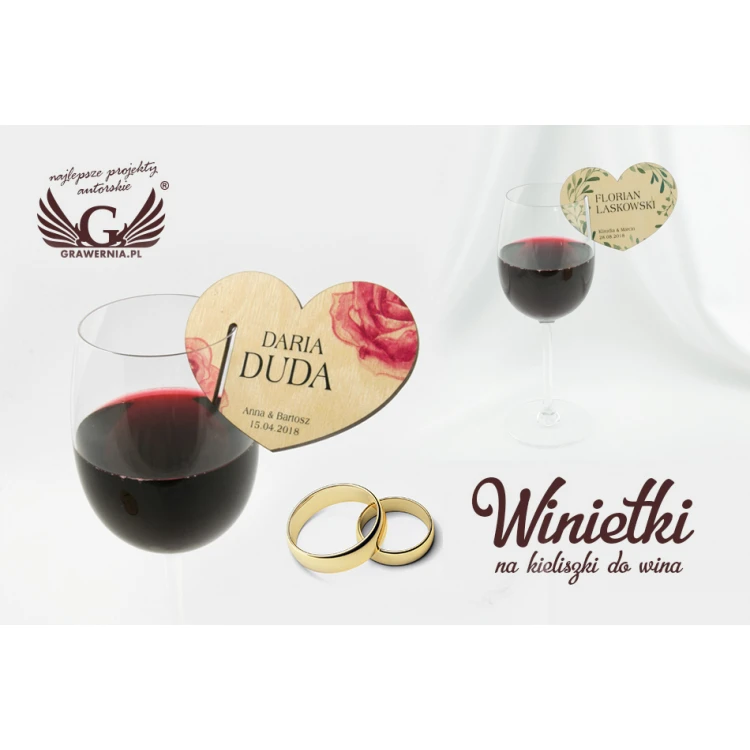 Winietki do kieliszków na wino - serca z drewna - druk UV - WK001