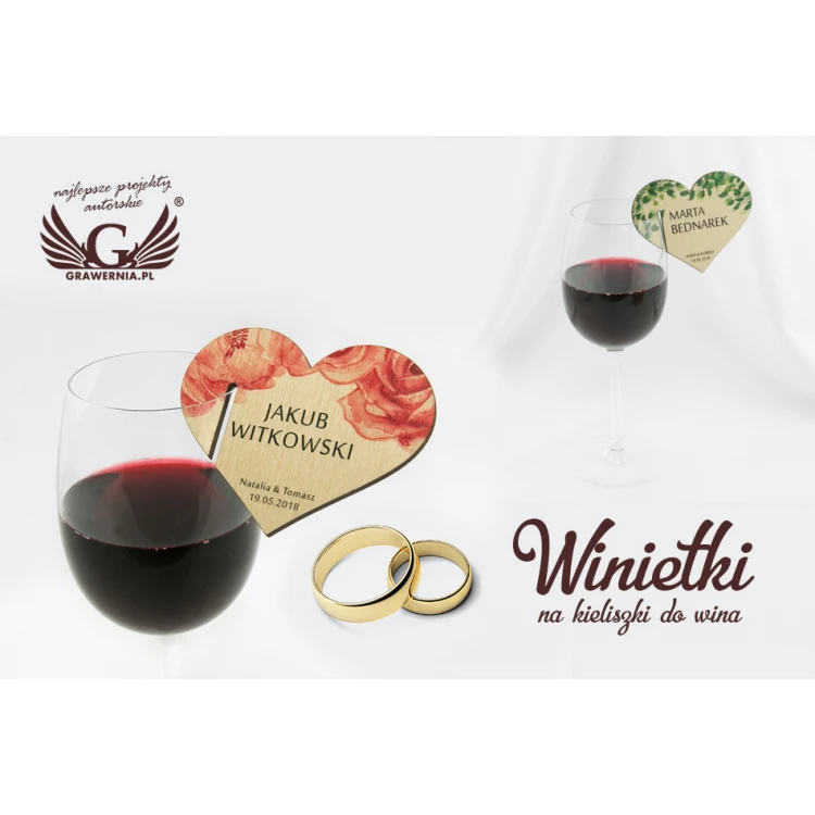 Winietki do kieliszków na wino - serca z drewna - druk UV - WK003
