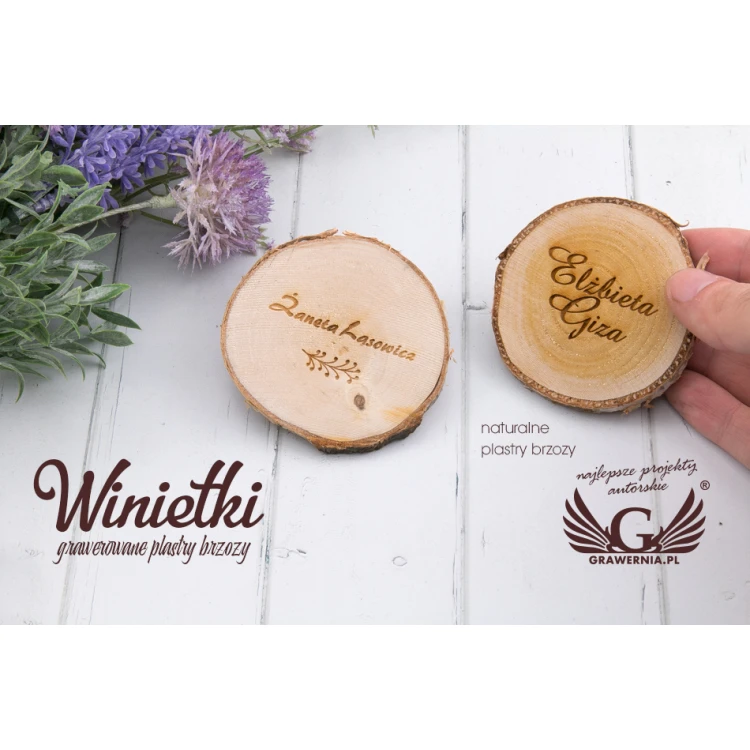 Winietki ślubne - plaster brzozy - grawerowane laserem - WIN003