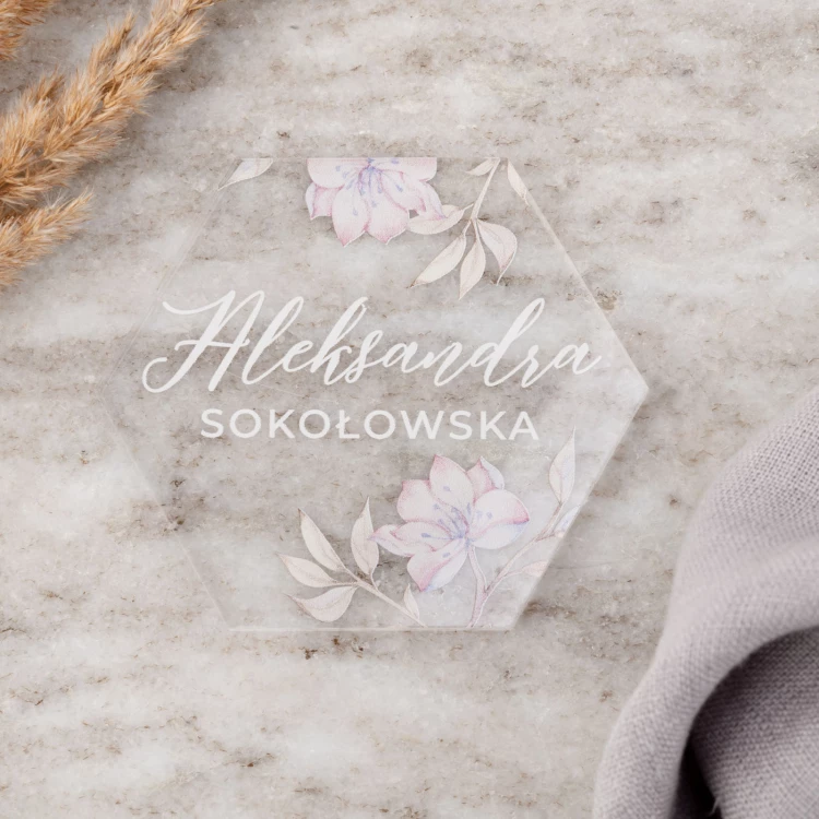 Winietki ślubne z transparentnej plexi z nadrukiem UV - WIN005