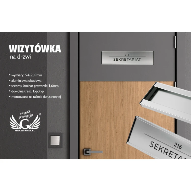 Wizytówka na drzwi z grawerowaną tabliczką - srebrna ramka - WND001