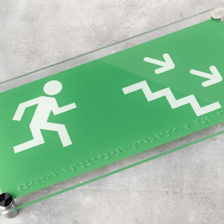 Wyjście ewakuacyjne - tabliczka BHP z plexi z pismem Braille'a - wym. 300x150mm - TAB523