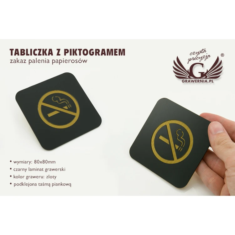 Zakaz palenia papierosów - czarny laminat mat złoty grawer - tabliczka 80x80mm