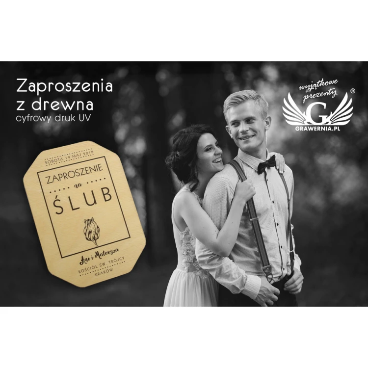 Zaproszenia ślubne z drewna - cyfrowy druk UV - ZAP003
