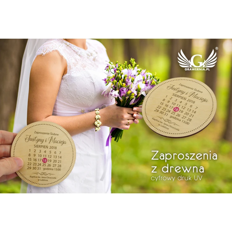 Zaproszenia ślubne z drewna - cyfrowy druk UV - ZAP008