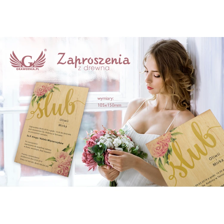 Zaproszenia ślubne z drewna - cyfrowy druk UV - ZAP048