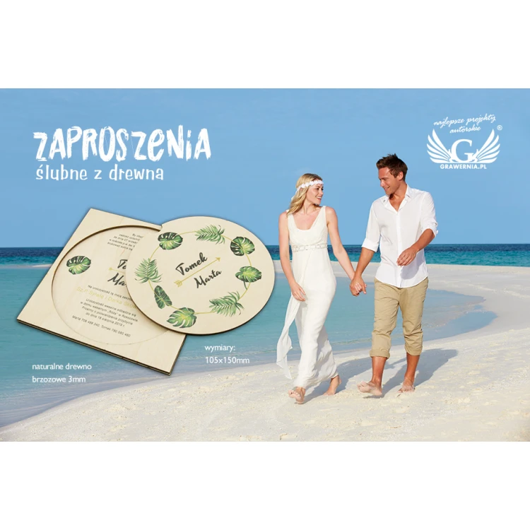 Zaproszenia ślubne z drewna - cyfrowy druk UV - ZAP052