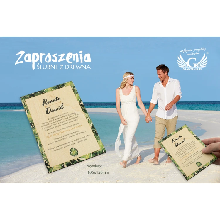 Zaproszenia ślubne z drewna - tropikalne - cyfrowy druk UV - ZAP041