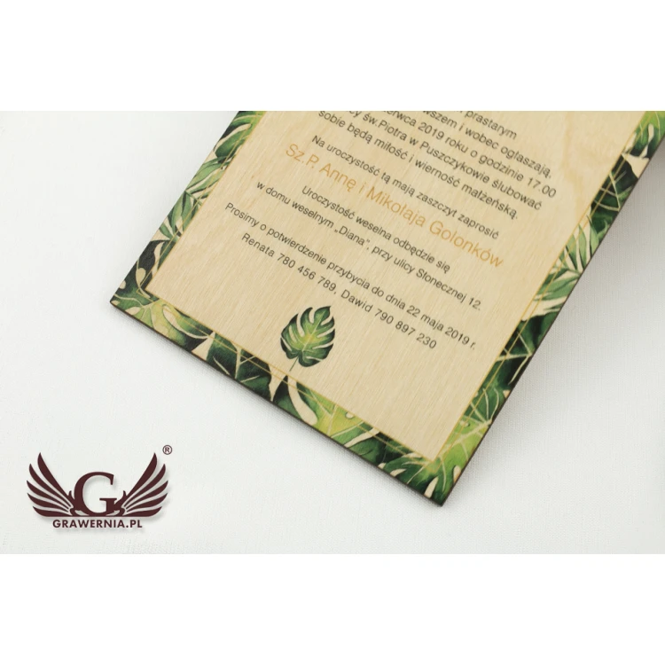 Zaproszenia ślubne z drewna - tropikalne - cyfrowy druk UV - ZAP041