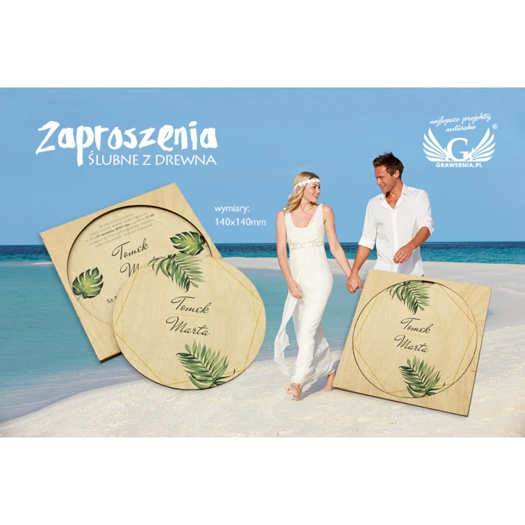 Zaproszenia ślubne z drewna - tropikalne - cyfrowy druk UV - ZAP042