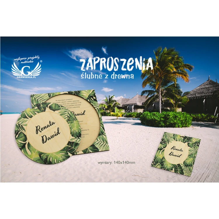 Zaproszenia ślubne z drewna - tropikalne - cyfrowy druk UV - ZAP044