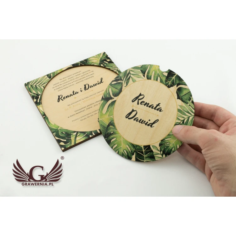 Zaproszenia ślubne z drewna - tropikalne - cyfrowy druk UV - ZAP044