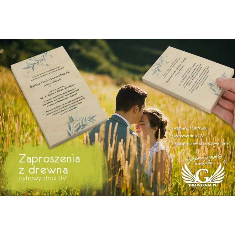 Zaproszenia ślubne z naturalnego drewna - cyfrowy druk UV - ZAP051