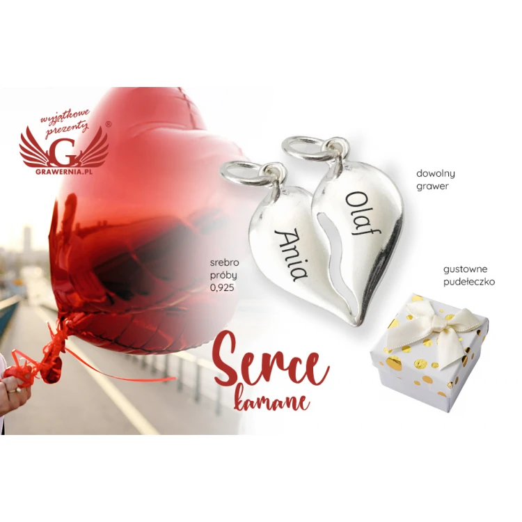 Zawieszka serce łamane z grawerem - srebro - SRB034