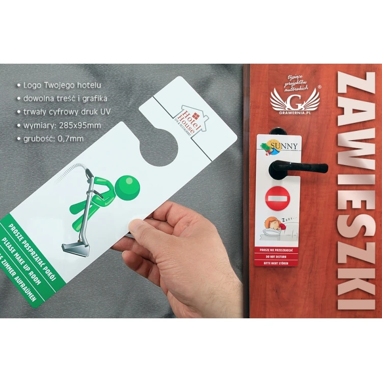 Zawieszki na klamkę hotelową - plastikowe, wodoodporne  - wymiary:  285x95mm - druk UV - ZAW001