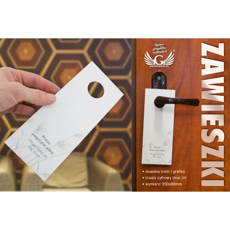 Zawieszki na klamkę hotelową - plastikowe, wodoodporne  - wymiary: 200x80mm - druk UV  - ZAW002