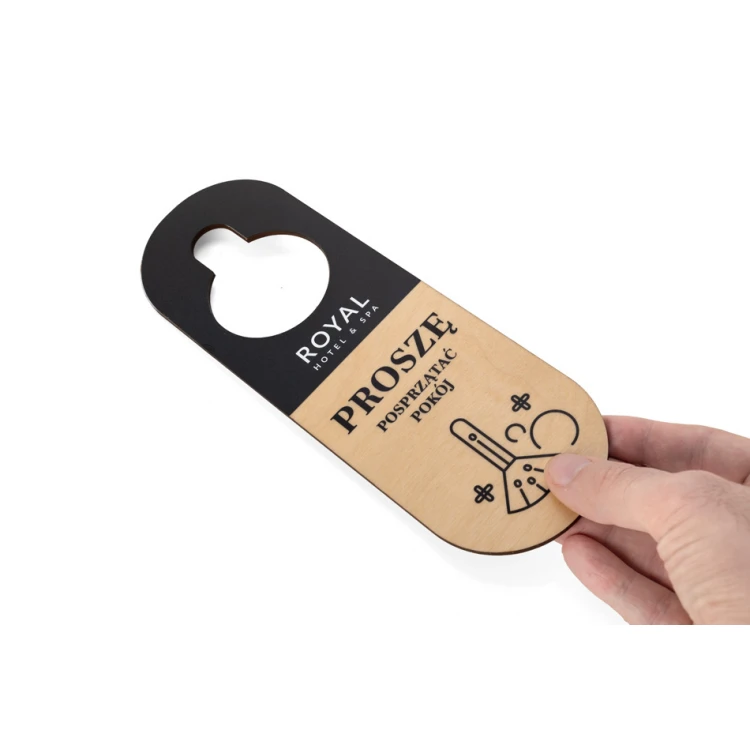 Zawieszki na klamkę hotelową z drewna - wymiary: 77x230mm - druk UV - ZAW006