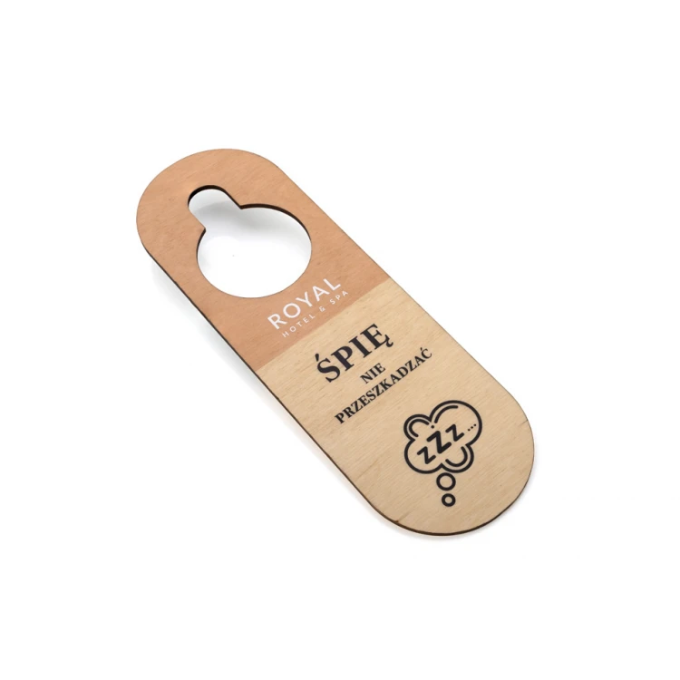Zawieszki na klamkę hotelową z drewna - wymiary: 77x230mm - druk UV - ZAW006