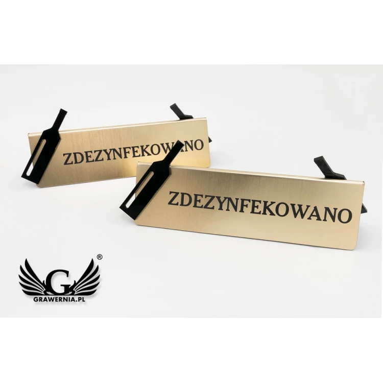 Zdezynfekowano - stojak na stolik - wym. 200x60mm - laminat grawerski z czarną plexi - ST011