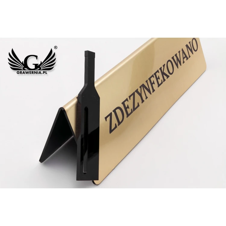Zdezynfekowano - stojak na stolik - wym. 200x60mm - laminat grawerski z czarną plexi - ST011