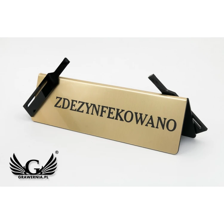 Zdezynfekowano - stojak na stolik - wym. 200x60mm - laminat grawerski z czarną plexi - ST011