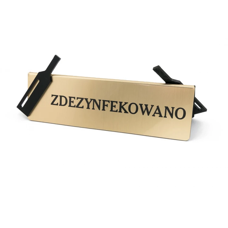 Zdezynfekowano - stojak na stolik - wym. 200x60mm - laminat grawerski z czarną plexi - ST011