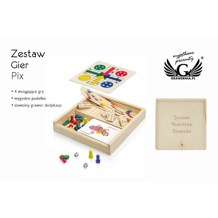 Zestaw gier 4 w 1 Pix w drewnianym pudełku z grawerem - GR003