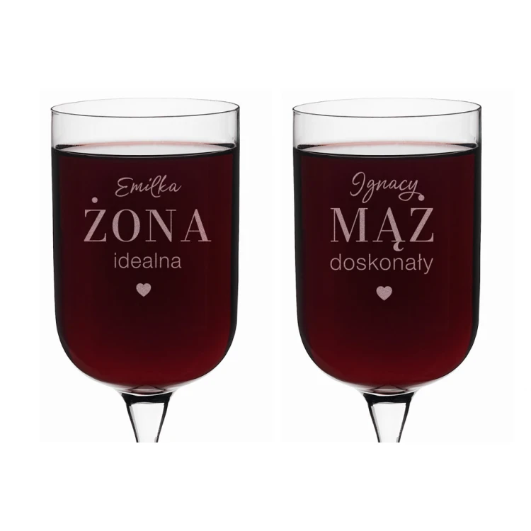 Kieliszki do wina z grawerem - prezent dla Pary Młodej - Żona Idealna, Mąż Doskonały - KL019