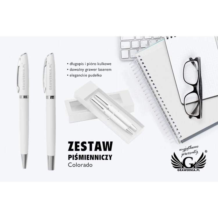 Zestaw piśmienniczy z grawerem - COLORADO - biały - KP008